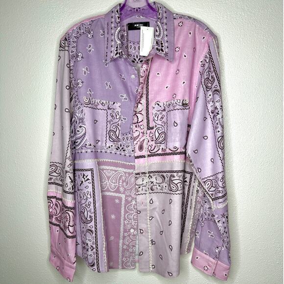 NWT Amiri Lavender Bandana Reconstructed Flannel Button Shirt XL - Picture 3 of 16